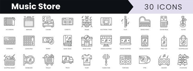 Fototapete - Set of outline music store icons. Minimalist thin linear web icon set. vector illustration.