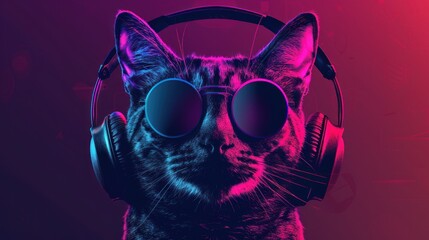 Stylish cat wearing glasses and headphones in futuristic neon style, AI generated image