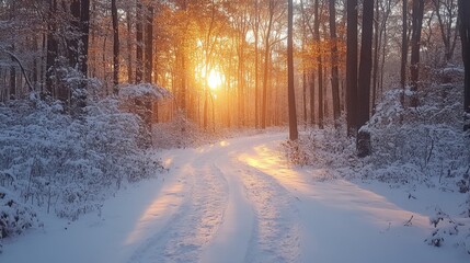 Poster - Golden light from the sunrise filters through trees in a tranquil forest, casting a warm glow on a snow-covered road. The beauty of winter is evident as the day begins.