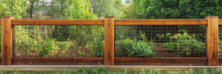 Poster - A sturdy wooden fence frames vibrant green garden beds, showcasing lush plants in a peaceful outdoor environment. Generative AI