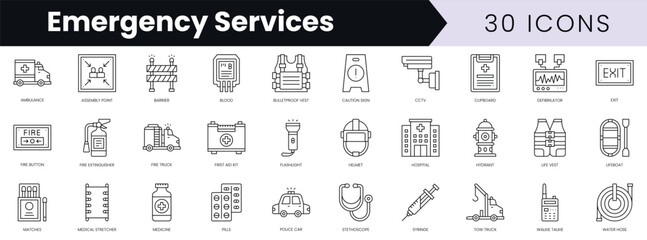 Poster - Set of outline emergency services icons. Minimalist thin linear web icon set. vector illustration.