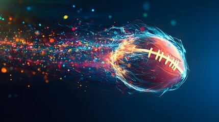 The ball is speeding of american football with colorful effects, View of the american football stadium