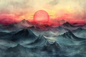 Poster - A Large Red Sun Setting Over a Distant Mountain Range