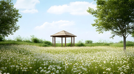 Aufkleber - A serene gazebo surrounded by flowering fields under a clear blue sky, framed by lush greenery.