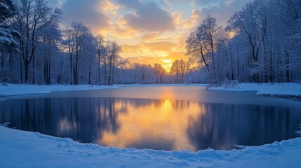 Leinwandbilder - A breathtaking winter sunset illuminates a frozen lake, reflecting vibrant colors in the water, while snow-covered trees frame the peaceful landscape.