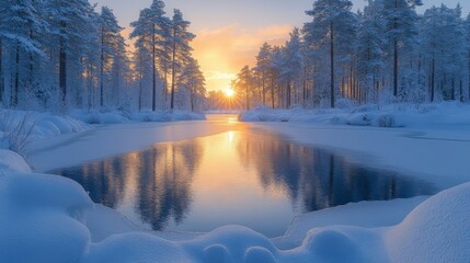 Poster - A serene winter morning reveals a stunning sunrise reflecting on the icy surface of the river, framed by towering snow-laden trees. The landscape is calm and picturesque.