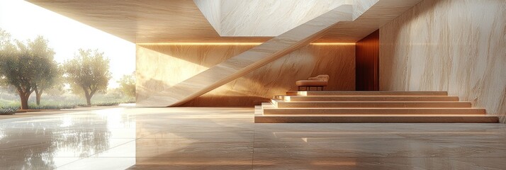 Poster - Modern Minimalist Interior with Stone Walls and Stairs