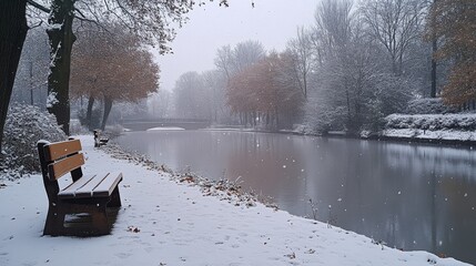 Poster - In a tranquil winter park, snow blankets the ground and trees as soft flakes descend. A lone bench provides a peaceful view of the river, creating a serene atmosphere.