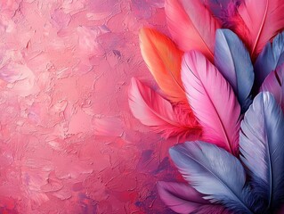 Poster - A Cluster of Vibrant Pink and Blue Feathers on a Textured Pink Background