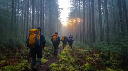 Aufkleber - A group of six hikers equipped with backpacks walks along a narrow trail. The early morning sun peeks through the misty trees, illuminating the lush greenery and mossy ground.