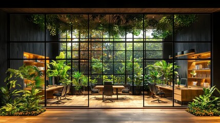 Poster - Modern Office Interior with Large Window and Lush Greenery