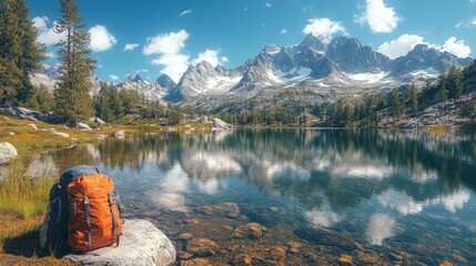 Poster - A brightly colored backpack sits on a rock by a tranquil lake, reflecting surrounding snow-capped mountains and lush trees beneath a blue sky with fluffy clouds.