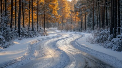 Leinwandbilder - A serene winter road meanders through a forest, lined with trees displaying a mix of orange autumn leaves and fresh snow. The warm light casts a peaceful glow over the scene.