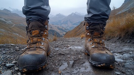 Poster - A pair of sturdy hiking boots are planted firmly on a muddy, rocky trail in the mountains. The cloudy sky looms overhead, while distant peaks can be seen in the background.