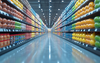 Wall Mural - Blurry shopping shelves in supermarkets and department stores realistic image, ultra hd, high design very detailed