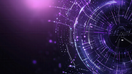 vibrant abstract design featuring circular patterns and glowing lines, creating sense of technology and innovation. dark background enhances purple hues and dynamic energy