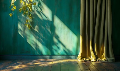 Poster - A serene interior scene with flowing curtains and shadows on a textured turquoise wall.