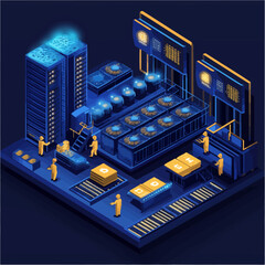 Poster - Isometric Cryptocurrency Mining Farm with Workers