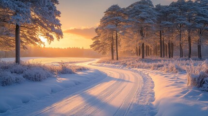 Aufkleber - A serene winter landscape features a winding road covered in fresh snow, bordered by snow-dusted trees as a golden sunset casts a warm glow across the scene.