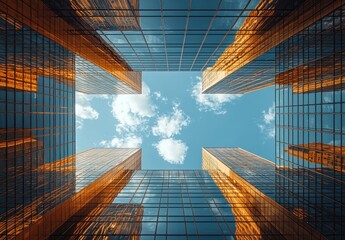 Aufkleber - A Skyward View of Glass Buildings with Reflections of Clouds and Sunlight