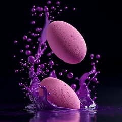 Two pink eggs splash into vibrant purple liquid, displayed against a dark background, creating a striking and dynamic visual effect.