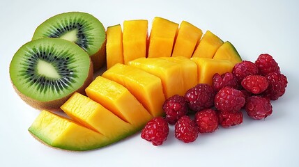 Wall Mural - A vibrant display of fresh fruits: slices of mango, kiwi halves, and clusters of raspberries on a white background.