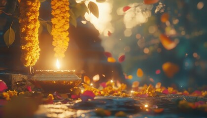 Lit Candle with Falling Petals.