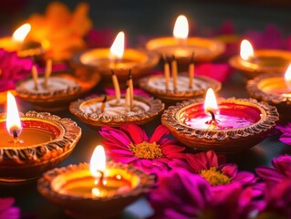 Diwali Candles with Pink Flowers.