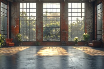 Poster - Sunlit Industrial Loft Interior with Brick Wall and Windows