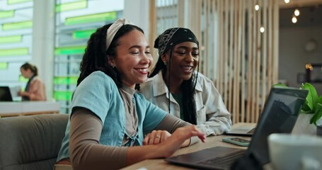 Aufkleber - Students, laptop and women online for education, funny conversation and plan for module assignment. People, course work and collaboration on university project, web research and studying for exam