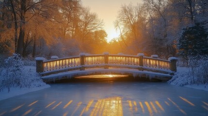 Aufkleber - A tranquil winter morning features a snow-covered bridge illuminated by the soft glow of the rising sun, framed by frosty trees and a frozen river.