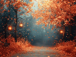 Poster - Illuminated Path Through a Mystical Autumn Forest