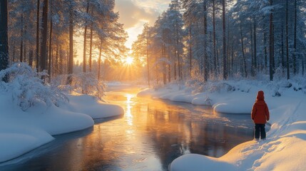 Fototapete - A child in a red coat gazes at the stunning sunset, with light reflecting off the icy river surrounded by snow-covered trees in winter.