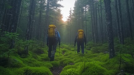 Aufkleber - Two hikers trek through a lush, misty forest, surrounded by vibrant green moss and tall trees as the early morning light breaks through the foliage.