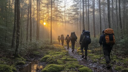 Poster - Groups of hikers navigate a mossy trail in a serene forest as the sun rises, creating a warm glow and a misty atmosphere. Nature's beauty surrounds their journey.
