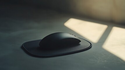 A sleek black computer mouse rests on a textured pad, illuminated by a warm beam of light streaming through a nearby window.