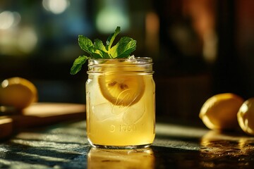 Refreshing Lemonade with Mint Leaves in a Jar