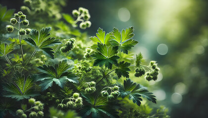 Poster - Lush green foliage bathed in soft, diffused light, showcasing intricate leaves and buds in a serene, natural environment.