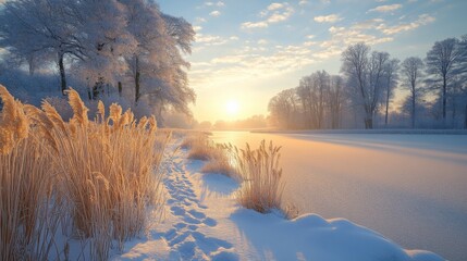 Aufkleber - Soft golden light bathes the snowy landscape as the sun rises over a frozen river. Tall reeds stand gracefully by the water, creating a peaceful winter atmosphere.