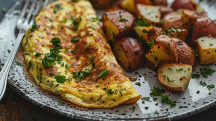 Wall Mural - A fluffy omelette made with avocado oil alongside a side of crispy and seasoned potatoes.