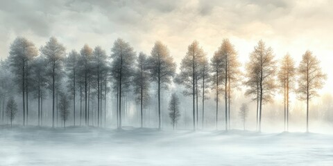 Wall Mural - Foggy Winter Forest with Silhouetted Trees