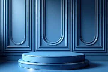 Poster - Two-Tiered Circular Pedestal in a Blue Room with Ornate Wall Paneling