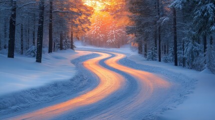 Poster - A winding road covered in snow meanders through a serene forest as the sun rises in the background. The warm glow contrasts beautifully with the cool tones of winter.