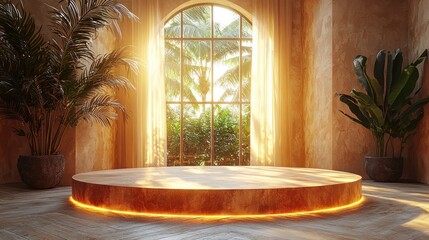 Poster - Illuminated Wooden Podium with Palm Trees and Window View