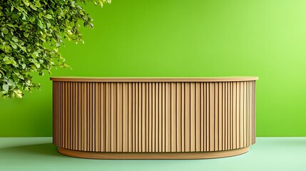 Poster - A modern wooden reception desk against a vibrant green wall and floor.