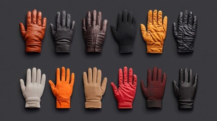 A vibrant array of gloves in various colors and styles arranged neatly, showcasing texture and design diversity against a dark background.