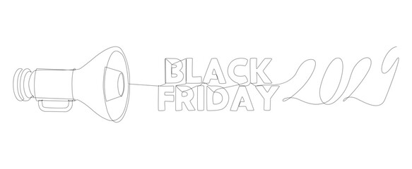 Poster - One continuous line of Megaphone with Black Friday 2024 text. Thin Line Illustration vector concept. Contour Drawing Creative ideas.