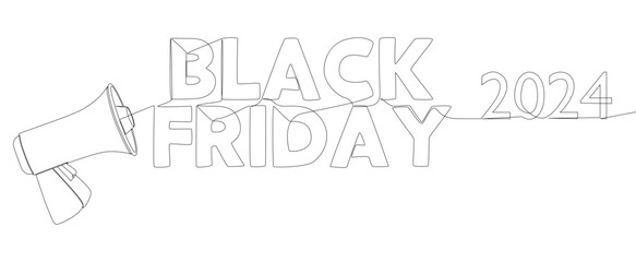 Poster - One continuous line of Megaphone with Black Friday 2024 text. Thin Line Illustration vector concept. Contour Drawing Creative ideas.