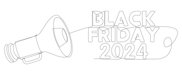 Poster - One continuous line of Megaphone with Black Friday 2024 text. Thin Line Illustration vector concept. Contour Drawing Creative ideas.