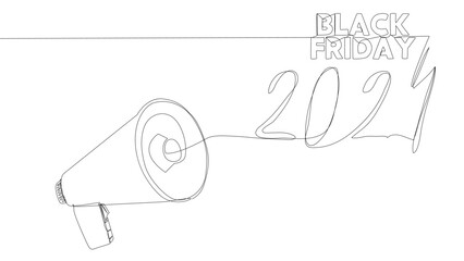 Poster - One continuous line of Megaphone with Black Friday 2024 text. Thin Line Illustration vector concept. Contour Drawing Creative ideas.